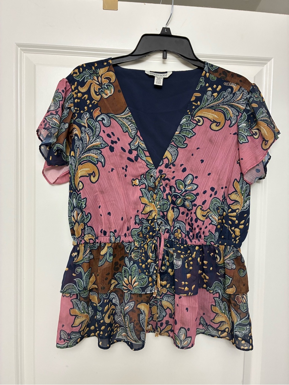 Thalia Sodi Pink, Navy & Brown Floral Tie-Front V-Neck Blouse